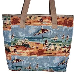 Vintage Tapestry Beach Scene Tote Bag Nautical Coastal Summer Grandma Vacation